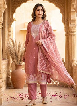 Pink Banarasi Silk Jamdani Pichwai Weaving Straight Pant Suit