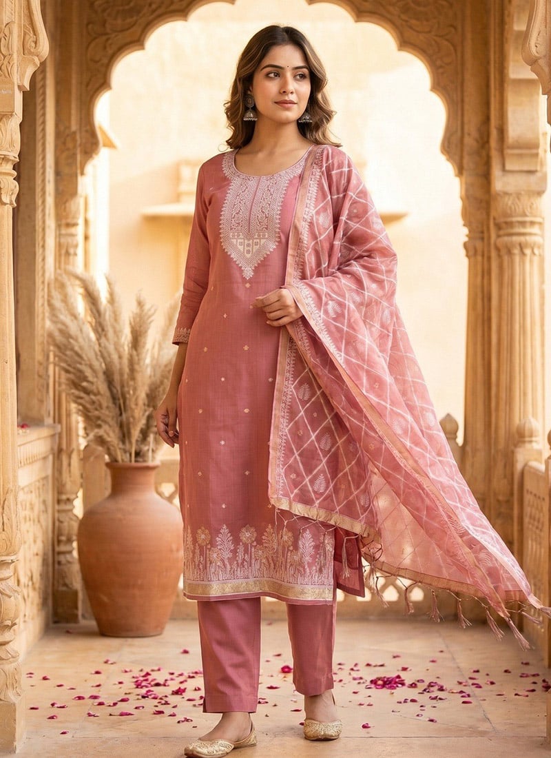 Pink Banarasi Silk Jamdani Pichwai Weaving Straight Pant Suit Leisure Wear