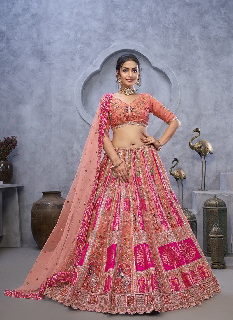 Pink Banarasi Silk Lehenga With Zari Embroidered Stone Embellishments And Sequins Wedding Wear