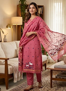 Pink Banarasi Silk Pichwai Weaving Straight Pant Suit