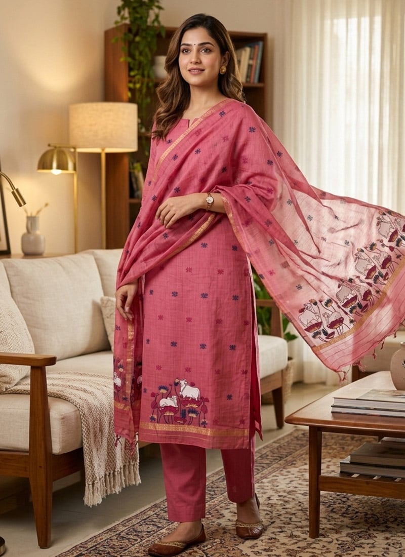 Pink Banarasi Silk Pichwai Weaving Straight Pant Suit Leisure Wear