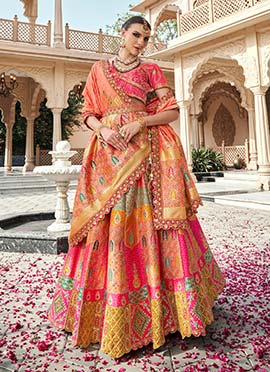 Pink Banarasi Silk Resham Sequins Embroidered And Printed Umbrella Lehenga