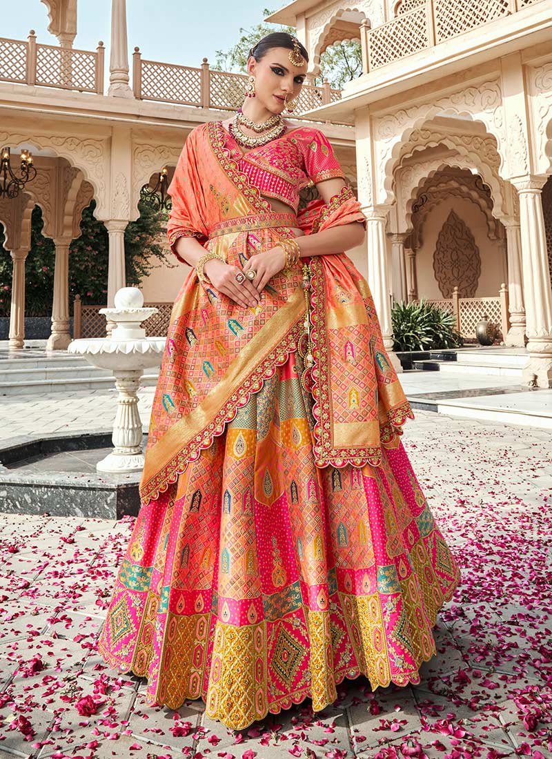 Pink Banarasi Silk Resham Sequins Embroidered And Printed Umbrella Lehenga Wedding Wear