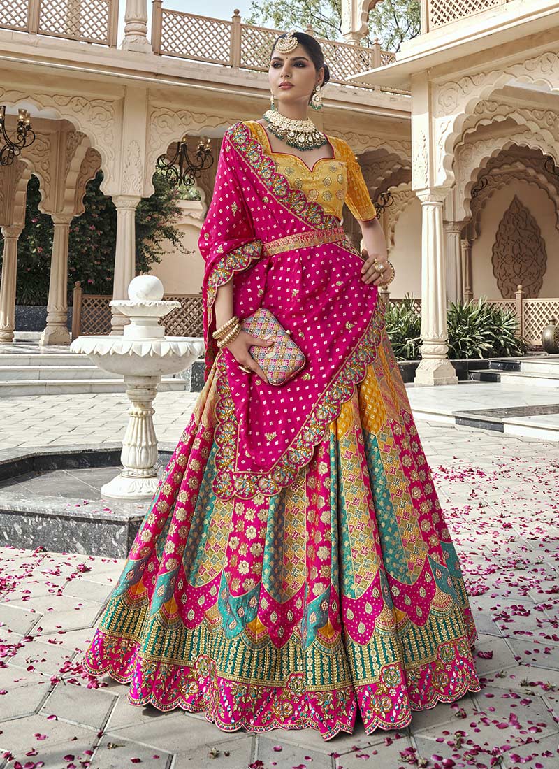 Pink Banarasi Silk Resham Sequins Embroidered And Printed Umbrella Lehenga Wedding Wear