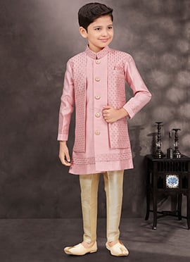 Pink Banarasi Silk Sequins Indowestern Sherwani For Stylish Boys