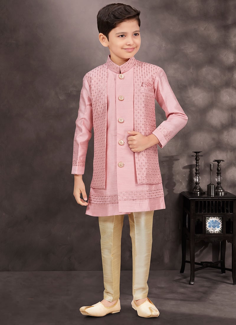 Pink Banarasi Silk Sequins Indowestern Sherwani For Stylish Boys Wedding Wear