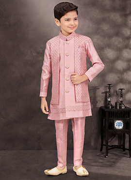 Pink Banarasi Silk Thread Sequins Kids Boys Indowestern Sherwani