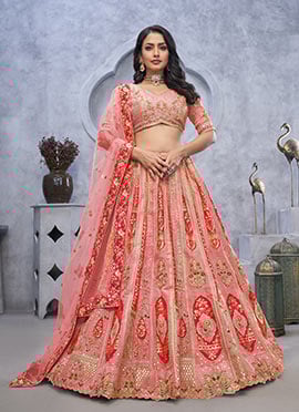 Pink Banarasi Silk Zari Embroidered Lehenga With Stone Work Sequins