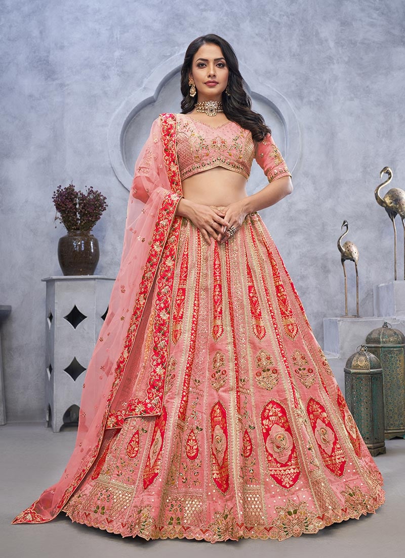 Pink Banarasi Silk Zari Embroidered Lehenga With Stone Work Sequins Wedding Wear