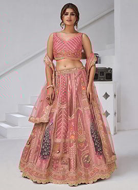 Pink Banarasi Silk Zari Embroidered Sequins With Stone Work Lehenga