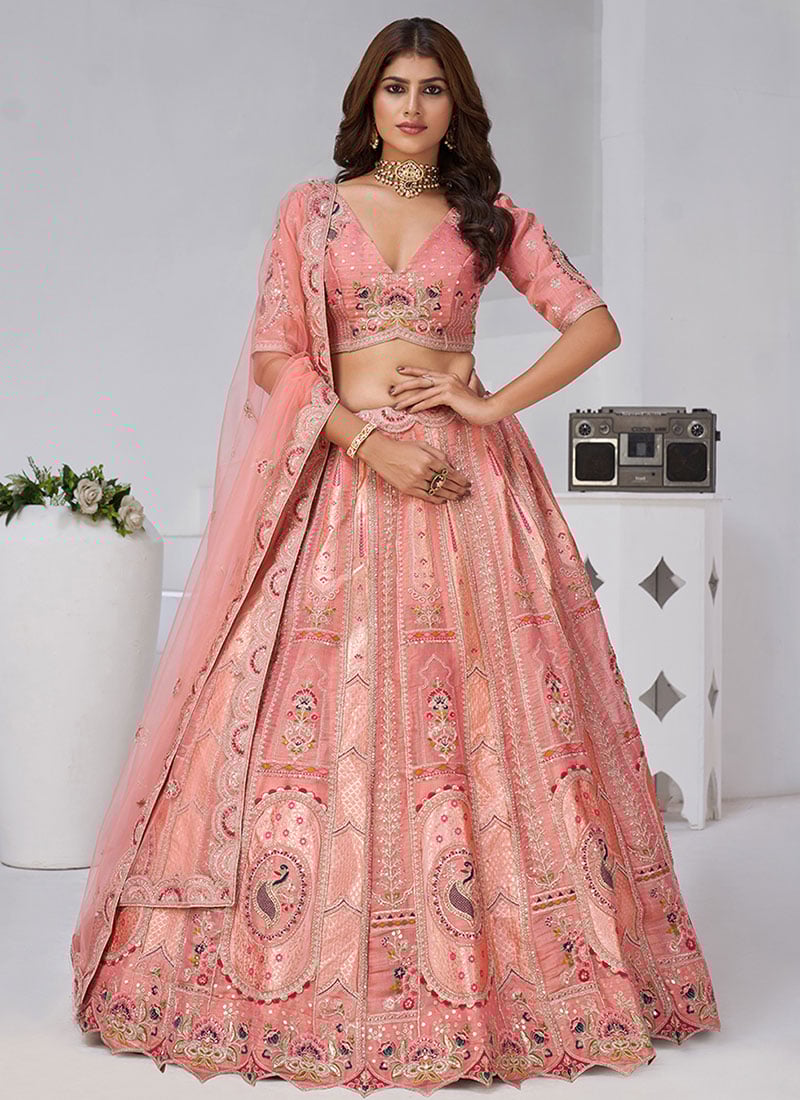 Pink Banarasi Silk Zari Embroidered Sequins With Stone Work Lehenga Wedding Wear