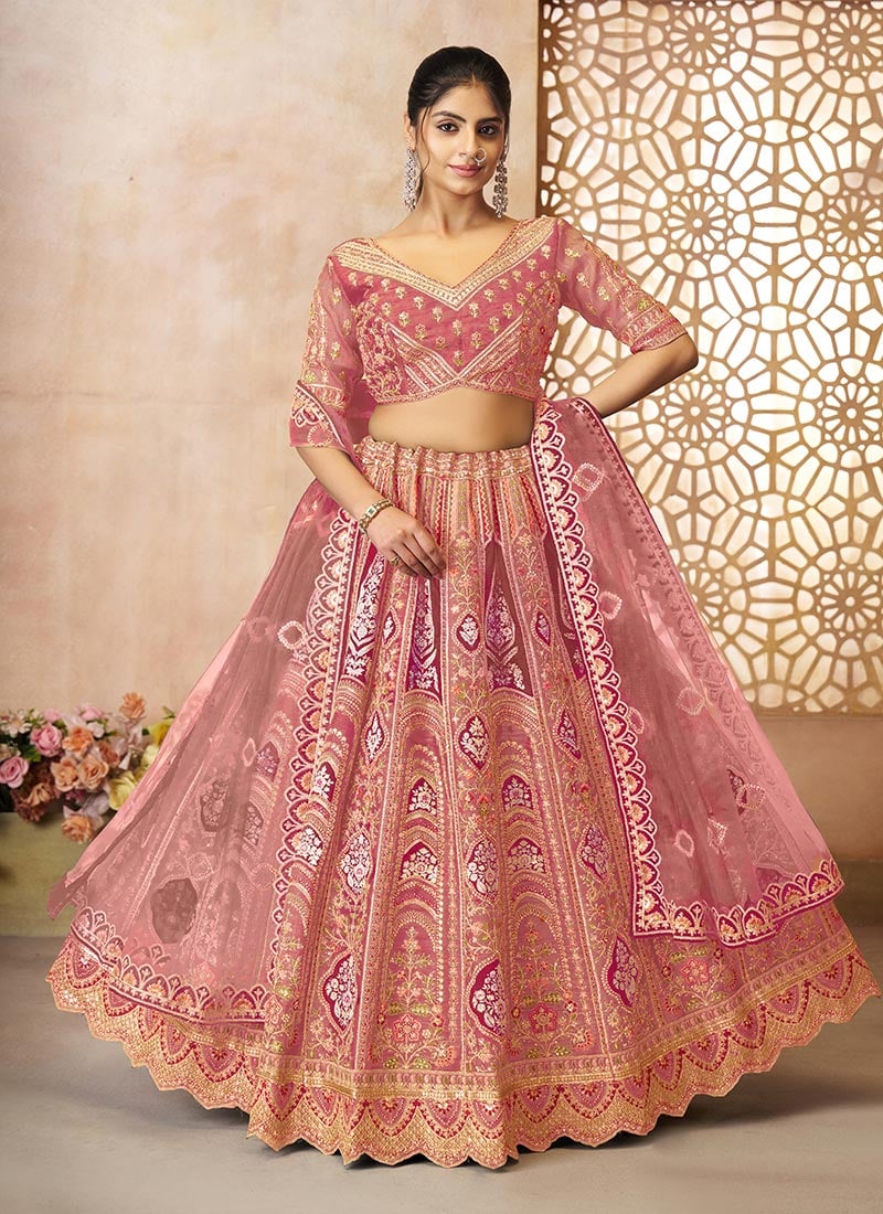Pink Banarasi Silk Zari Embroidered Sequins With Stone Work Lehenga Wedding Wear