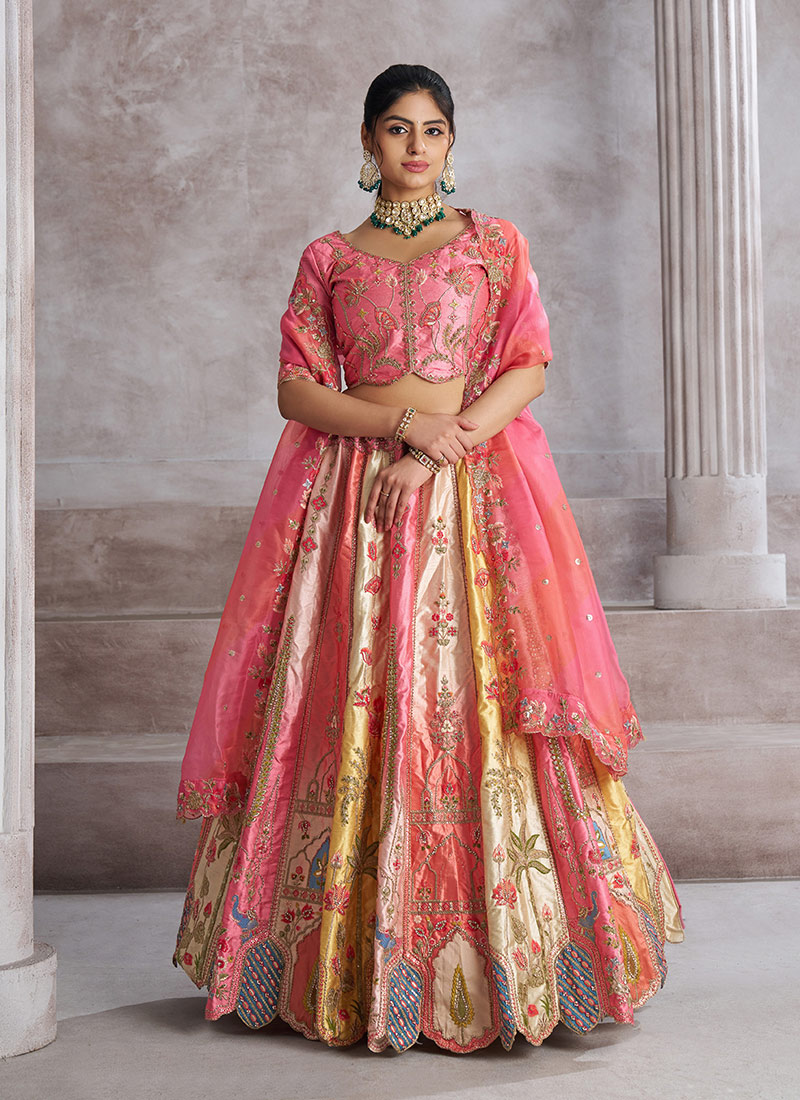 Pink Banarasi Silk Zari Embroidered Sequins With Stone Work Lehenga