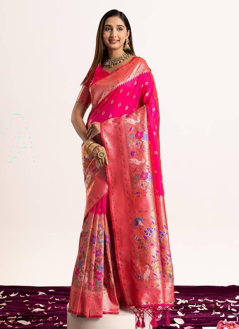 Pink Banarasi Silk Zari Jacquard Meenakari Woven Saree Festive Wear