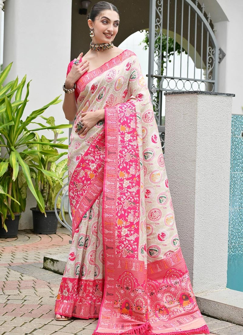 Pink Banarasi Silk Zari Jacquard Woven Ikkat Print Saree After Six Wear