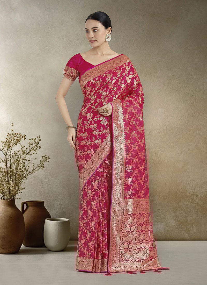 Pink Banarasi Silk Zari Woven Saree Festive Wear