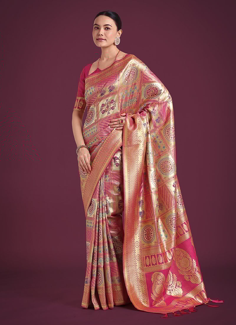Pink Banarasi Silk Zari Woven Saree Festive Wear