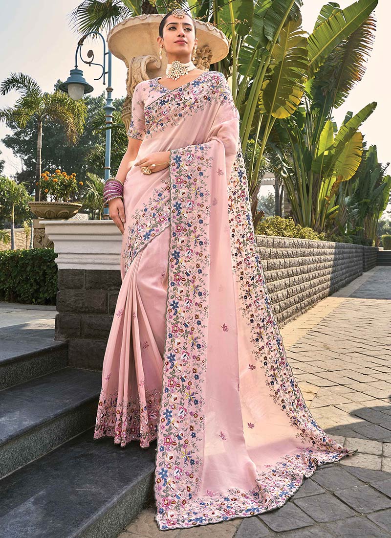 Pink Banarasi Silk Zarkan Embroidered With Beads And Stone Work Saree