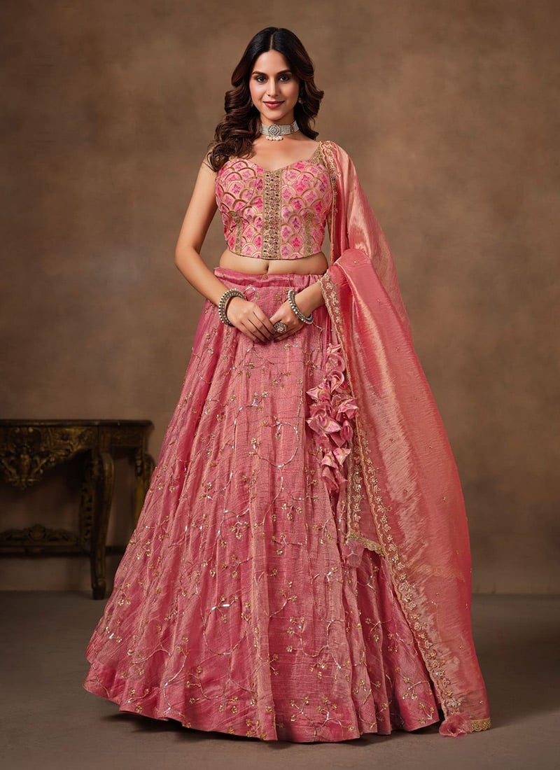 Pink Banarasi Viscose Embroidered Sequins Stone Work Lehenga After Six Wear