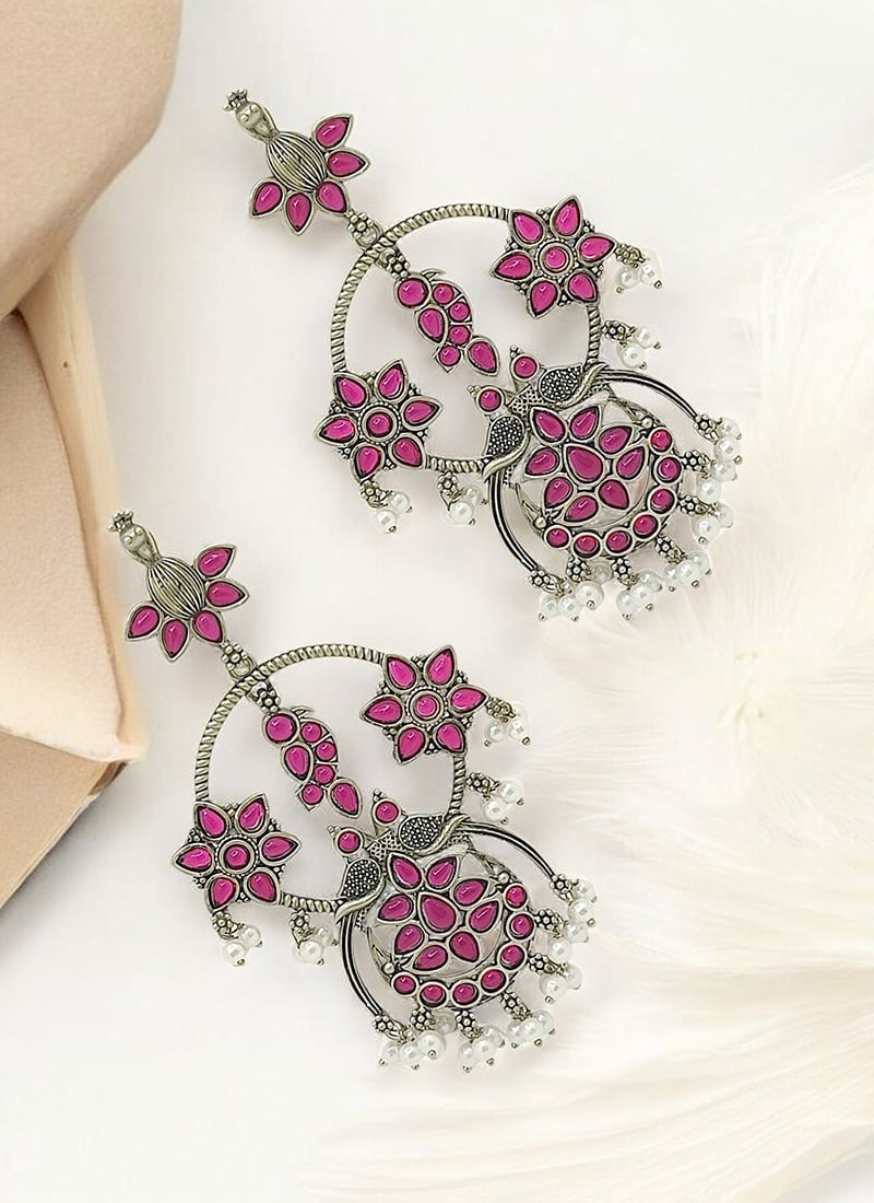 Pink Beads And Kundan Oxidised Danglers Festive Wear