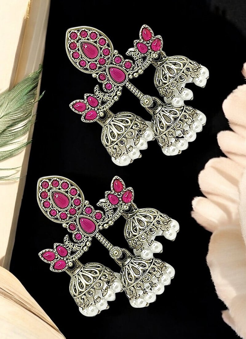 Pink Beads And Kundan Oxidised Jhumkas Festive Wear