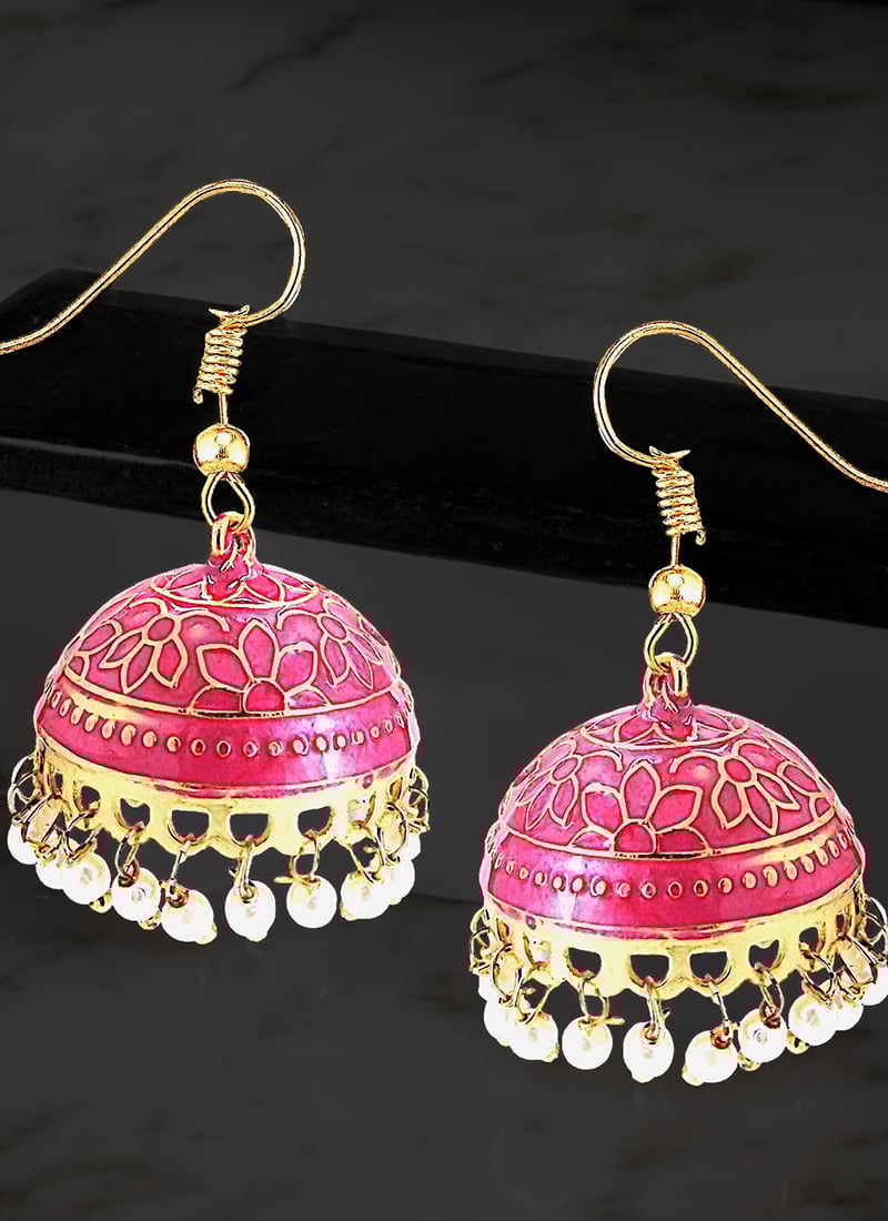 Pink Beads Meenakari Jhumka Festive Wear