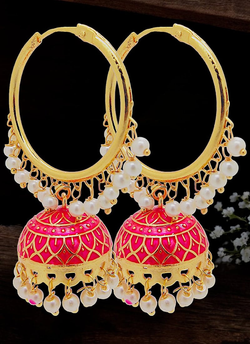 Pink Beads Meenakari Jhumka Festive Wear