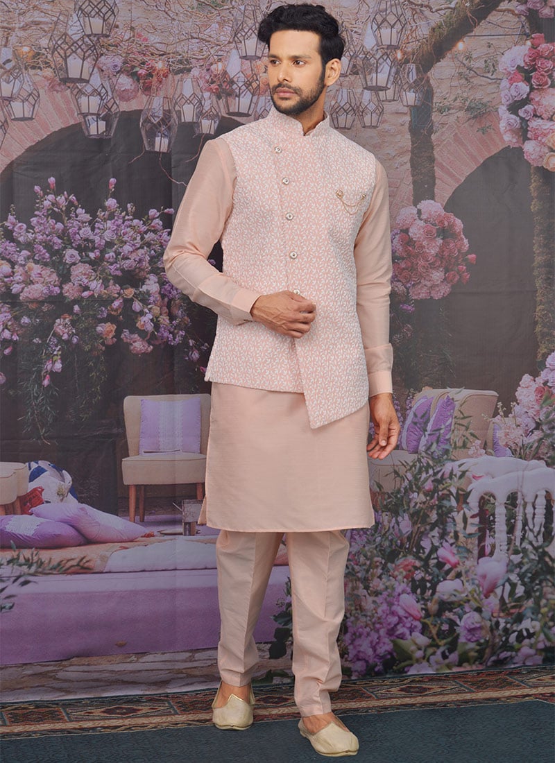 Light Peach Banarasi Art Silk Bandi Set Party Wear