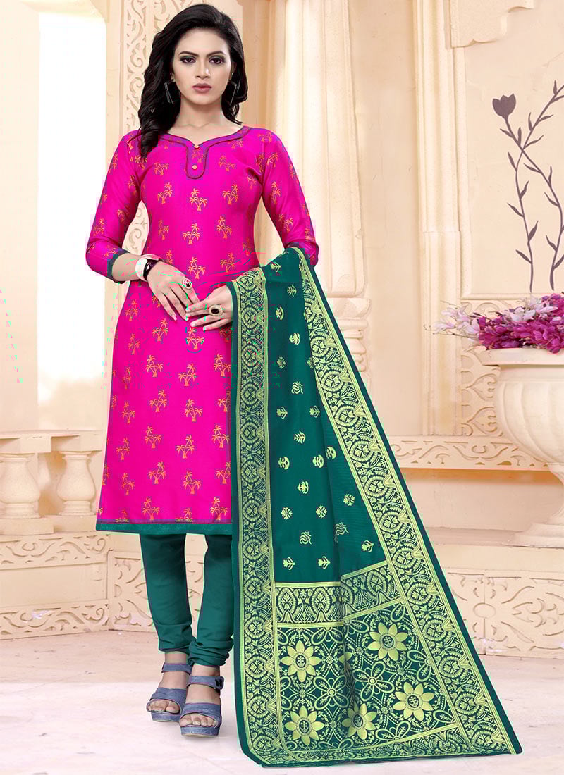 Pink Benarasi Art Silk Churidar Suit
