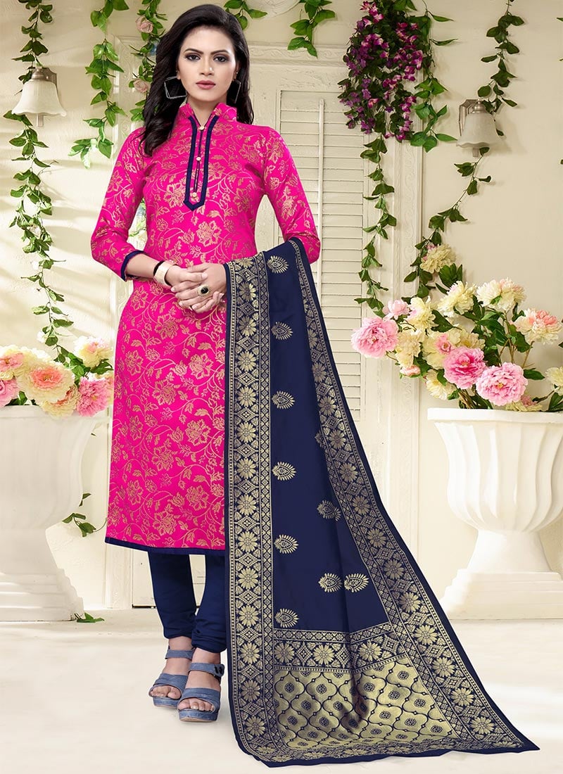 Pink Benarasi Art Silk Churidar Suit