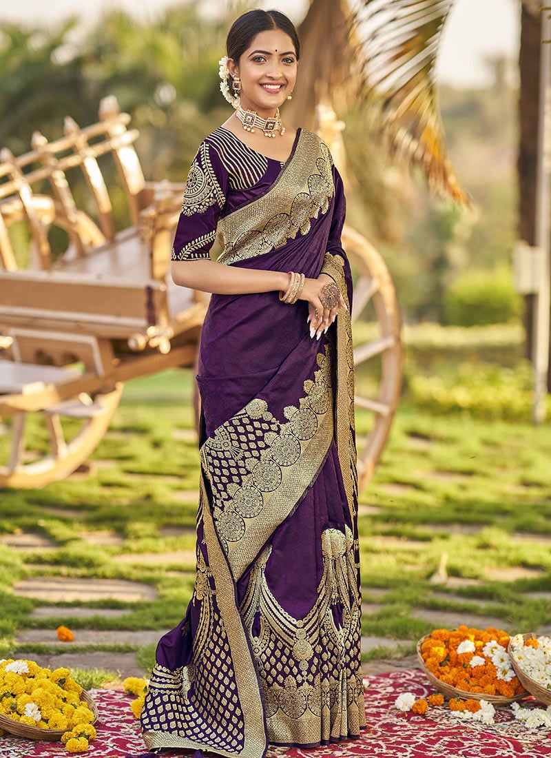 Dark Purple Benarasi Silk Jacquard Zari Saree A Fusion of Traditional Grace Festive Wear