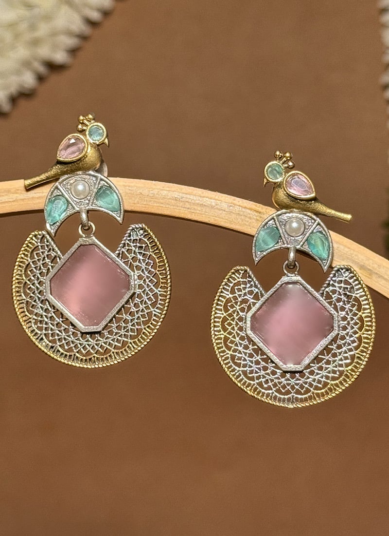 Pink Bird Motif Kundan Dangler Earrings Festive Wear
