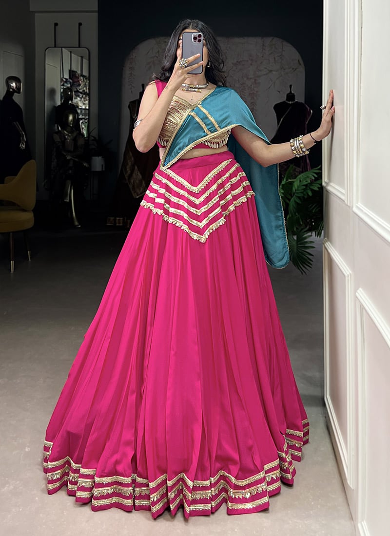 Pink Blended Cotton Sequins Umbrella Lehenga