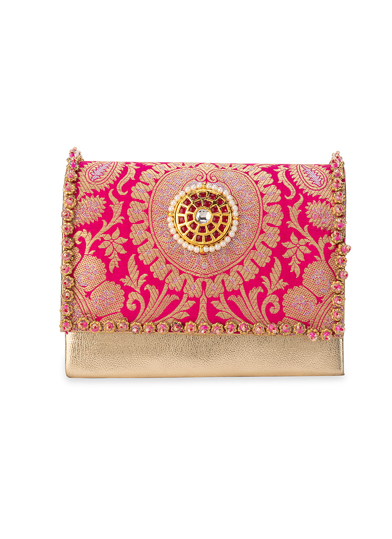 Pink Brocade Beads Hand Bag Wedding Wear