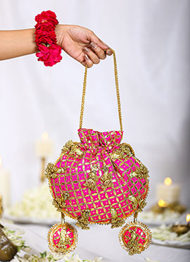 Pink Brocade Gota Embroidered Sequins Potli For Women