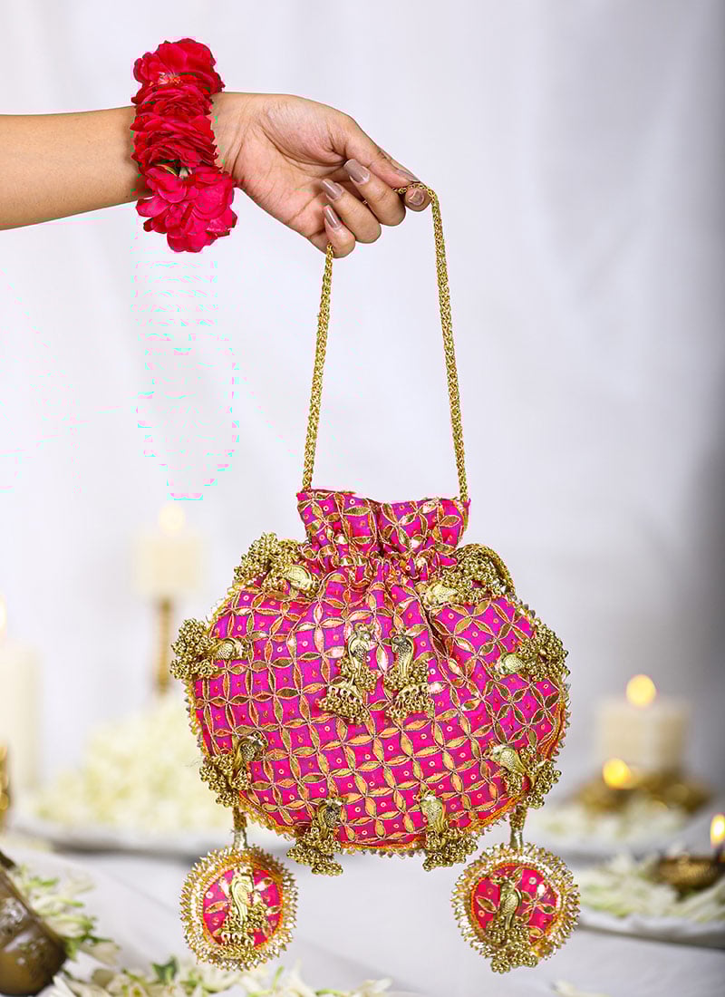 Pink Brocade Gota Embroidered Sequins Potli For Women Wedding Wear