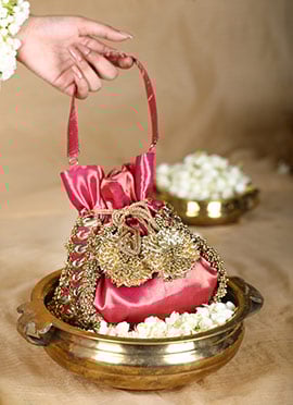 Pink Brocade Gota Work Potli For Women