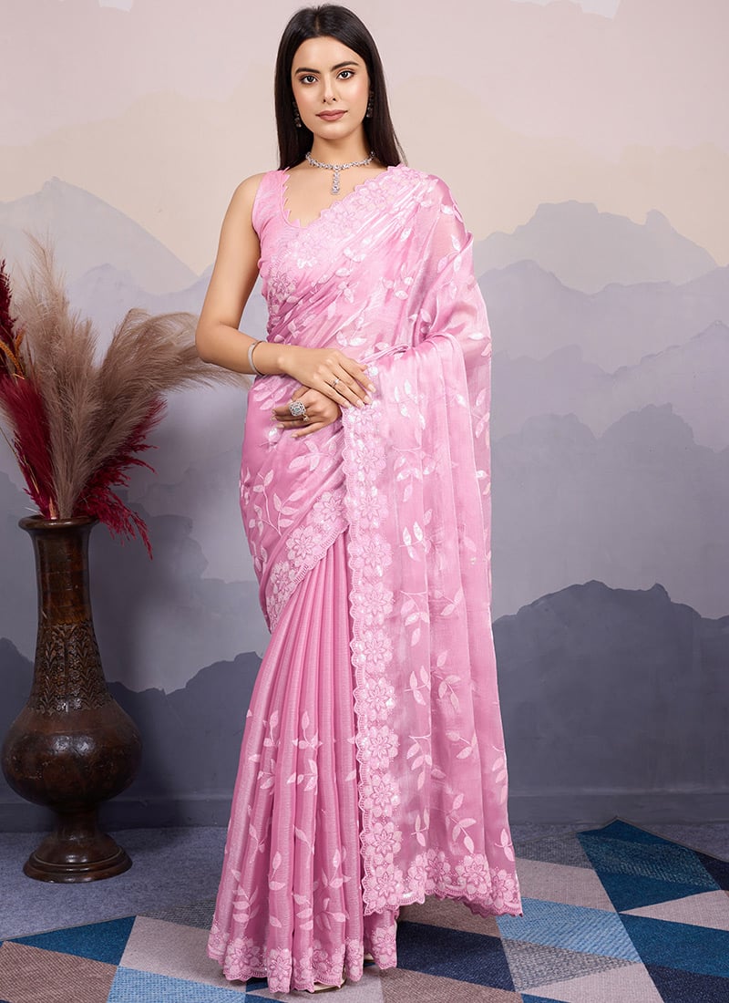 Pink Burberry Silk Sequins Embroidered Saree Festive Wear