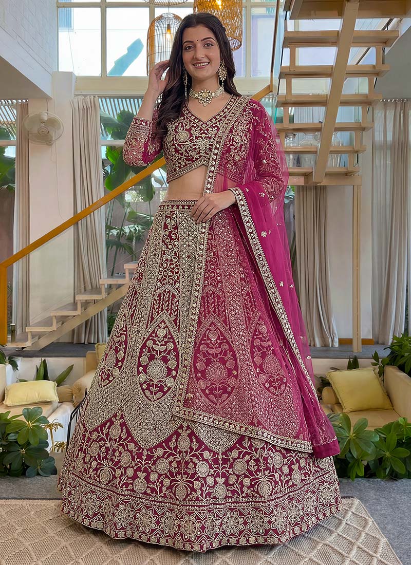 Pink Butterfly Net Sequins Embroidered Lehenga Wedding Wear