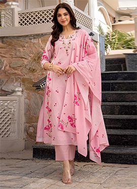 Pink Chanderi Butti Digital Print Straight Pant Suit