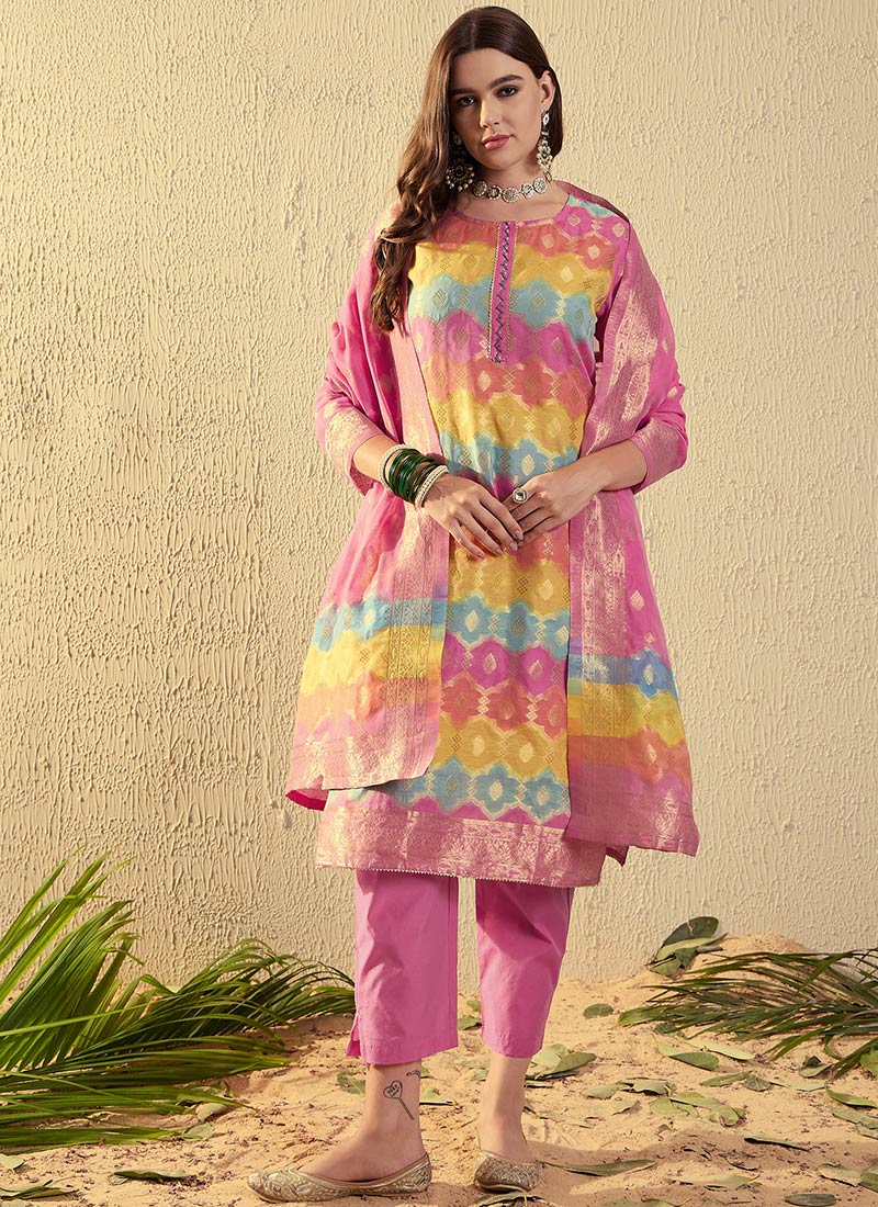 Pink Chanderi Cotton Jacquard Straight Pant Suit