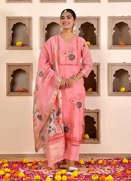 Pink Chanderi Cotton Printed And Gota Straight Pant Suit