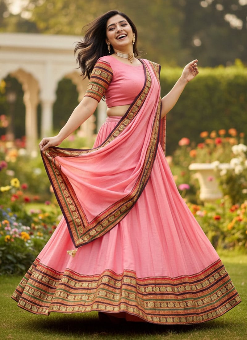 Pink Chanderi Cotton Zari Jacquard Wowen Lehenga Festive Wear