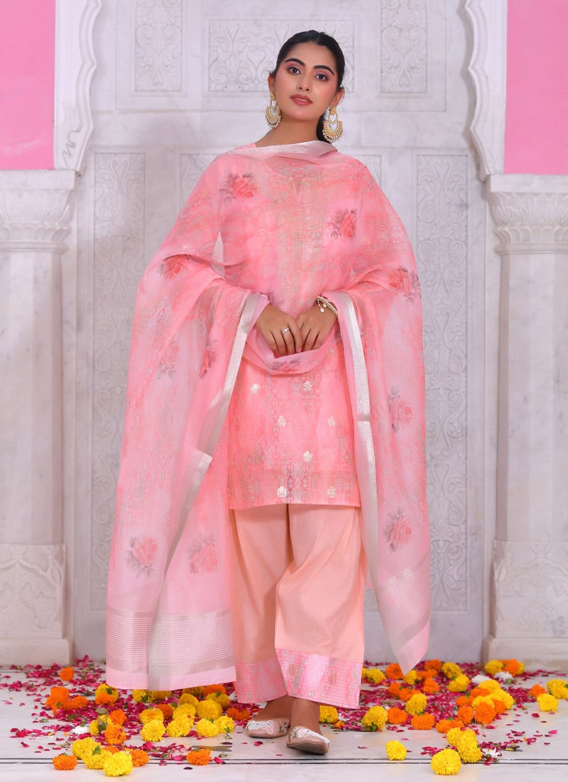 Pink Chanderi Cotton Zari Sequins And Beads Palazzo Suit After Six Wear