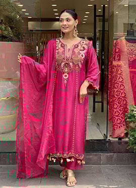 Pink Chanderi Embroidered Straight Pant Suit