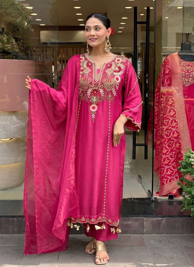 Pink Chanderi Embroidered Straight Pant Suit Festive Wear