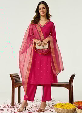 Pink Chanderi Embroidered Straight Pant Suit