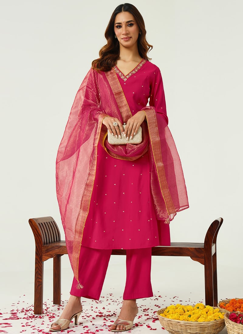 Pink Chanderi Embroidered Straight Pant Suit After Six Wear
