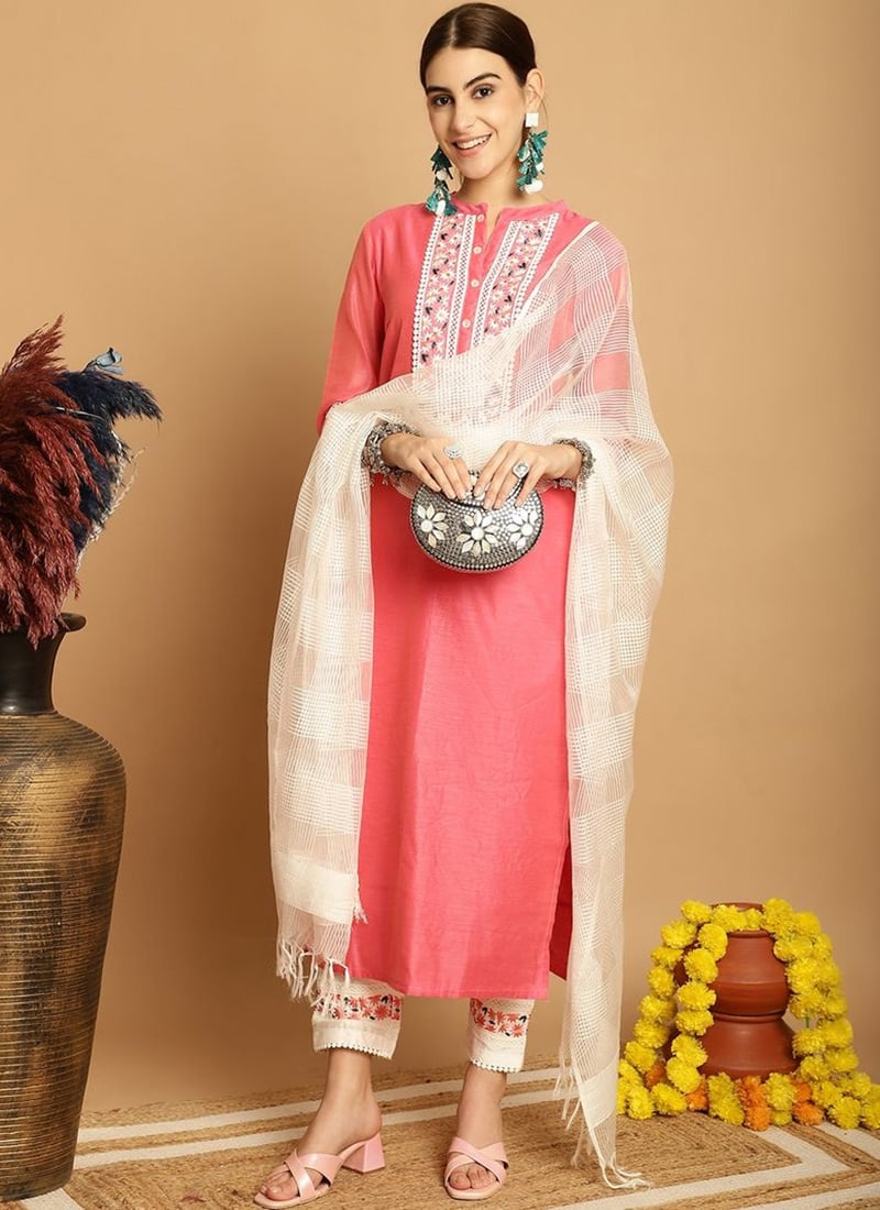 Pink Chanderi Embroidered Straight Pant Suit After Six Wear