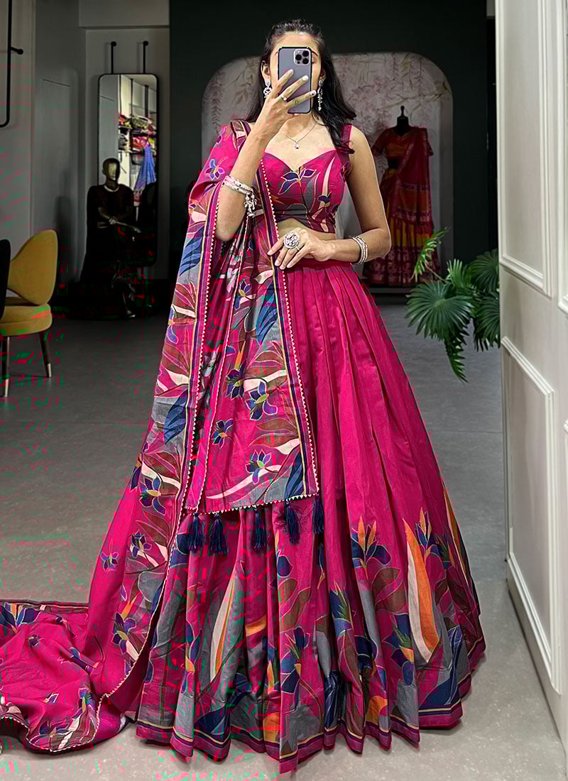 Pink Chanderi Floral Print Classy Lehenga With Choli And Dupatta Festive Wear